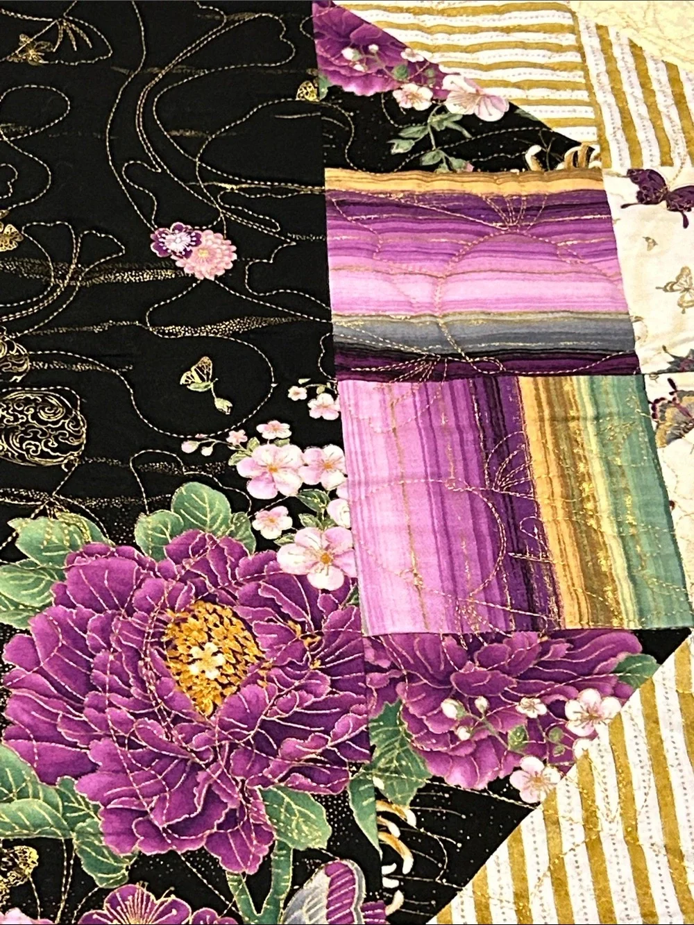 ONE OF A KIND - HANDCRAFTED Purple, gold and off-white Quilt.